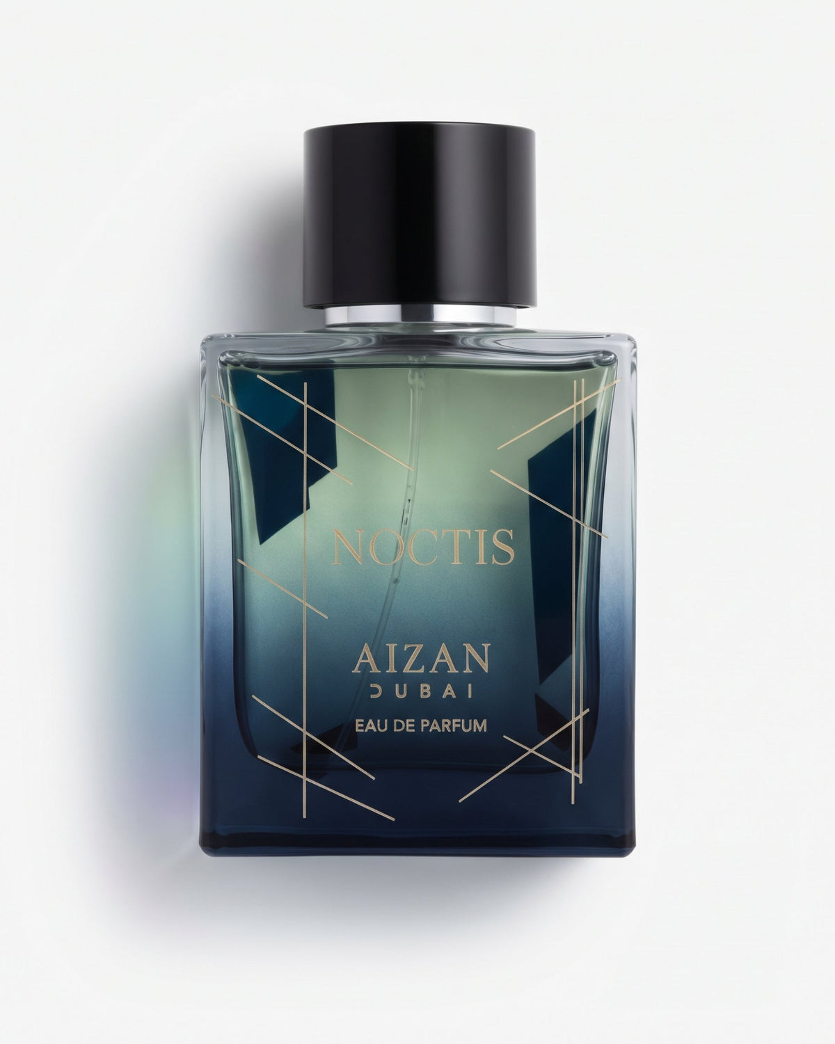 A rectangular glass bottle of Noctis Aizan Dubai Eau de Parfum with a black cap, featuring a dark blue to green gradient design with gold geometric lines and lettering, set against a clean white background.